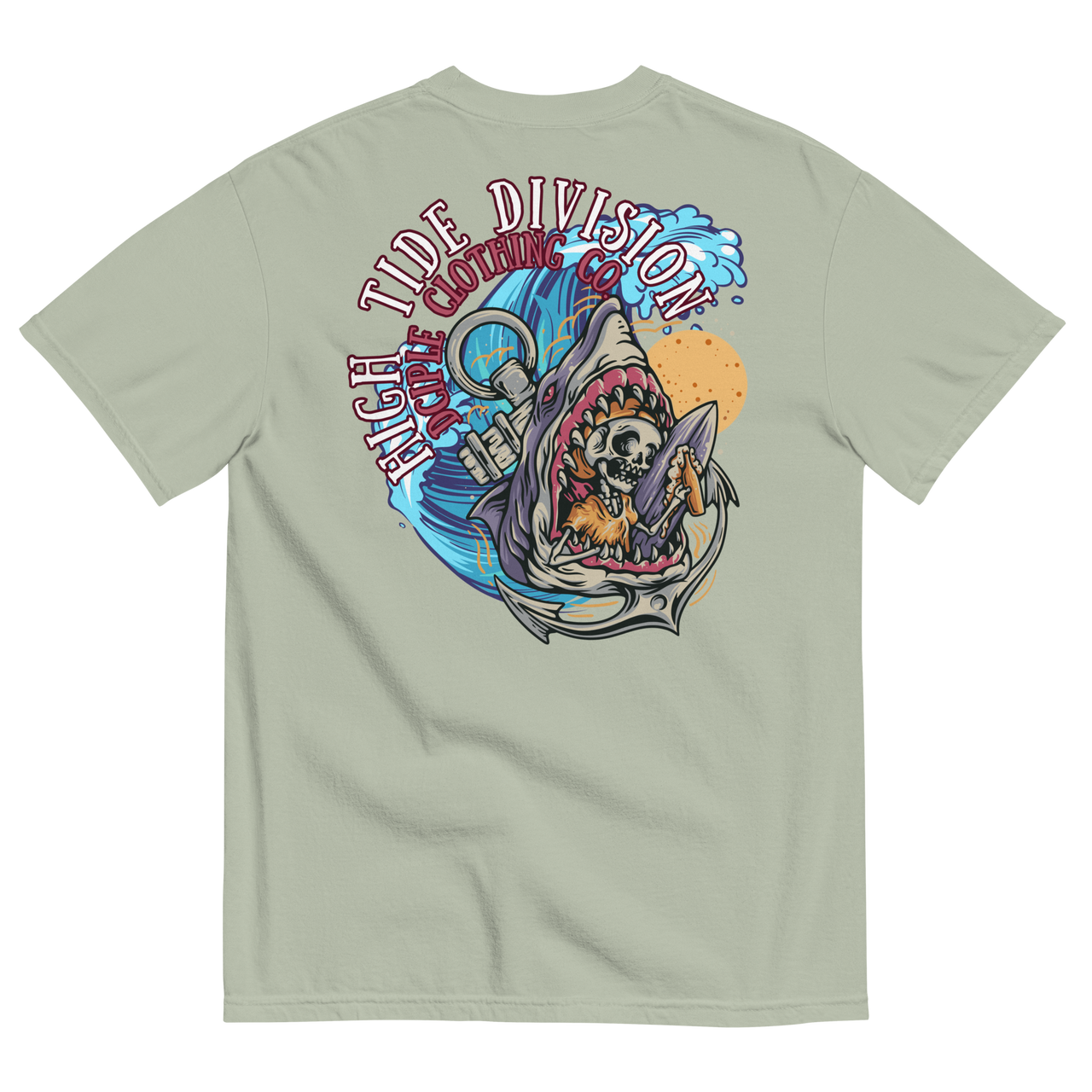 High Tide Division Shark Rider graphic T-shirt with shark, surfer, wave and hook artwork