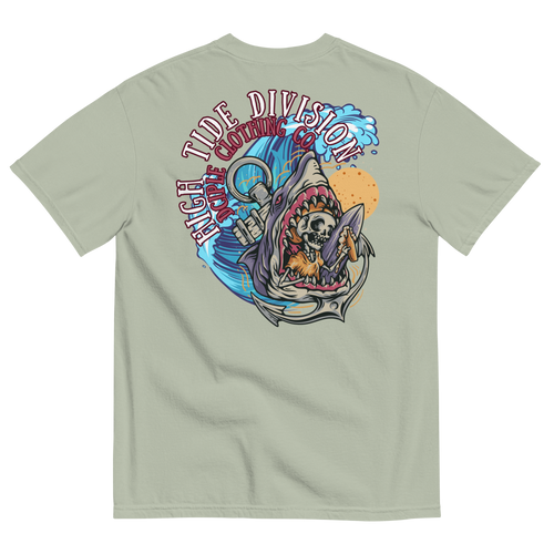 High Tide Division Shark Rider graphic T-shirt with shark, surfer, wave and hook artwork