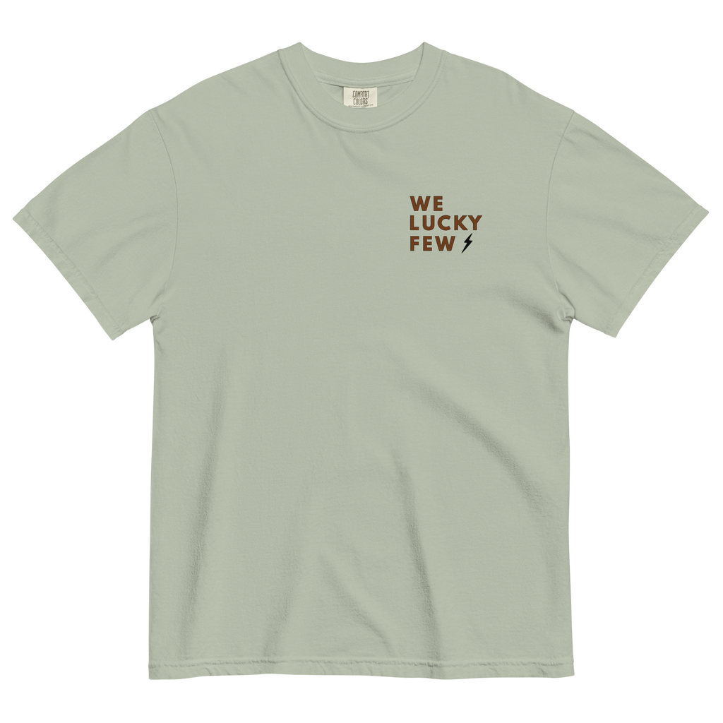 We lucky few text on left chest green shirt