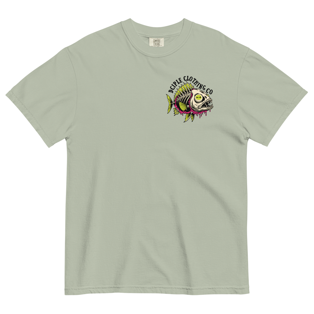 Dead In The Water High Tide Division graphic T-shirt by Dciple Clothing Co featuring skeleton fish artwork and Make It A Destination slogan.