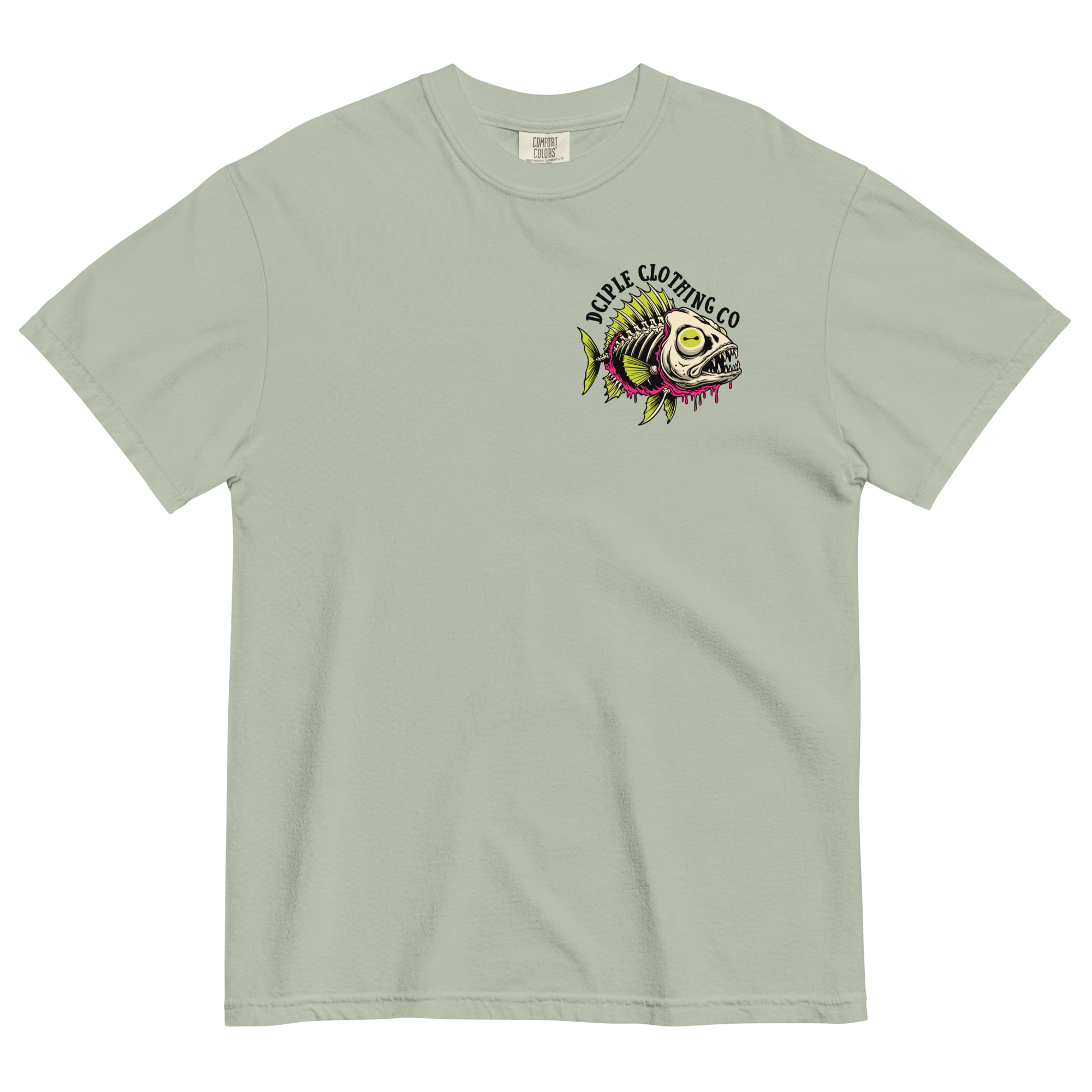 Dead In The Water High Tide Division graphic T-shirt by Dciple Clothing Co featuring skeleton fish artwork and Make It A Destination slogan.