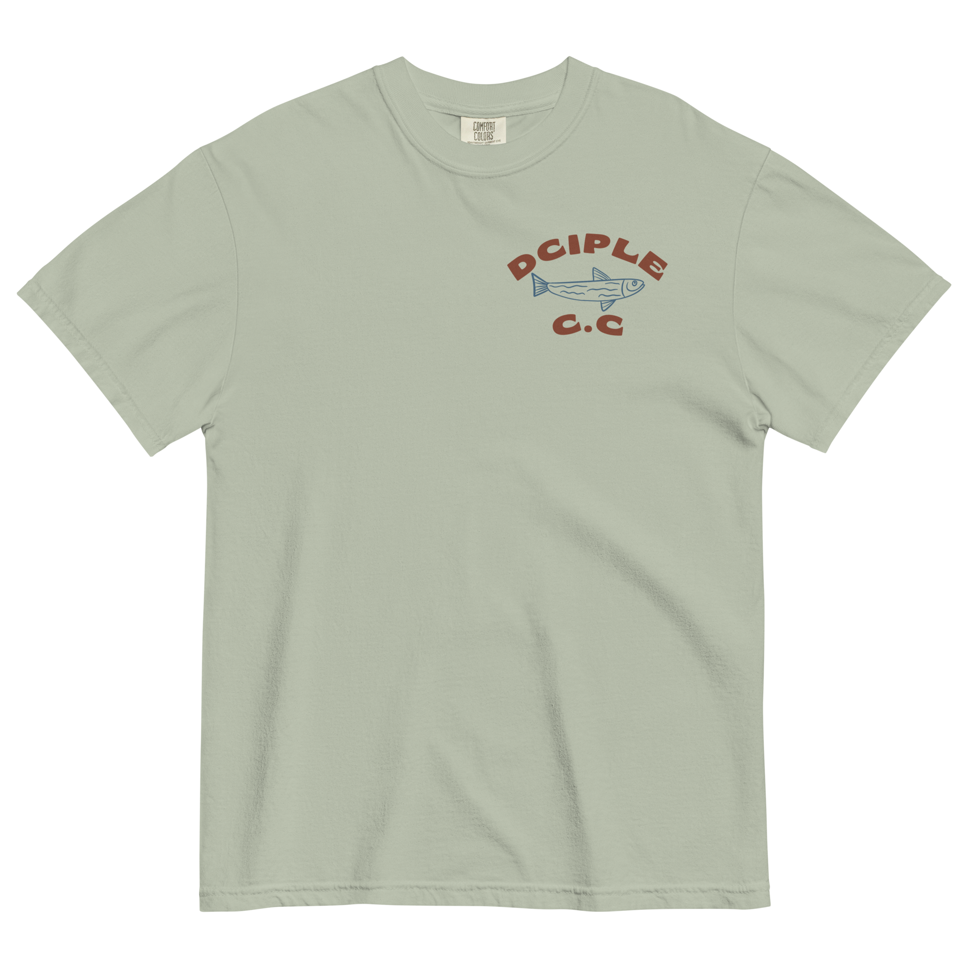 Back graphic of High Tide Division Make It A Destination T-Shirt featuring a skeleton relaxing beneath a palm tree beside an ocean wave.

Front chest logo of High Tide Division Make It A Destination T-Shirt featuring the Dciple C.C. fish emblem.