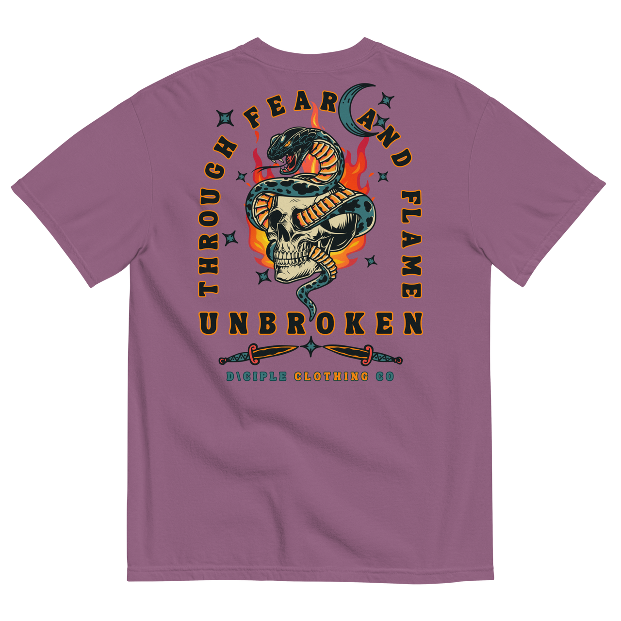 Vintage style skull and snake graphic with flames and dagger details, “Through Fear and Flame Unbroken” t-shirt by Dciple Clothing Co