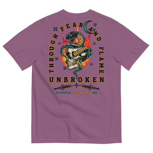 Vintage style skull and snake graphic with flames and dagger details, “Through Fear and Flame Unbroken” t-shirt by Dciple Clothing Co