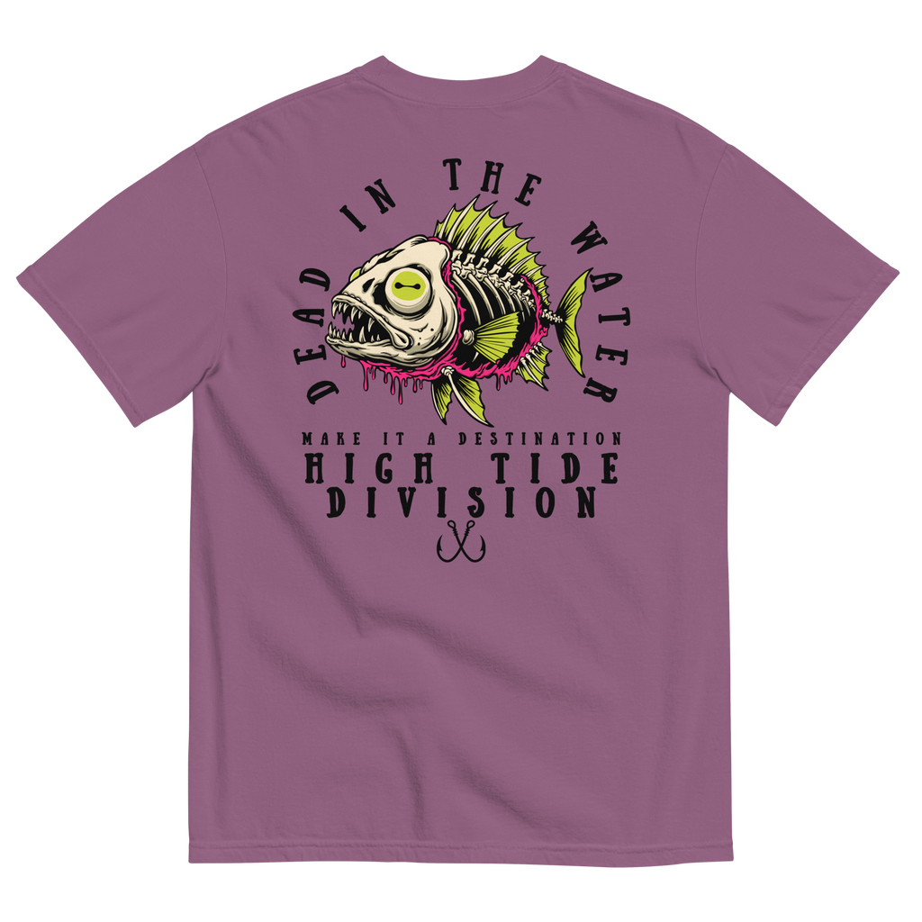 Dead In The Water High Tide Division graphic T-shirt by Dciple Clothing Co featuring skeleton fish artwork and Make It A Destination slogan.