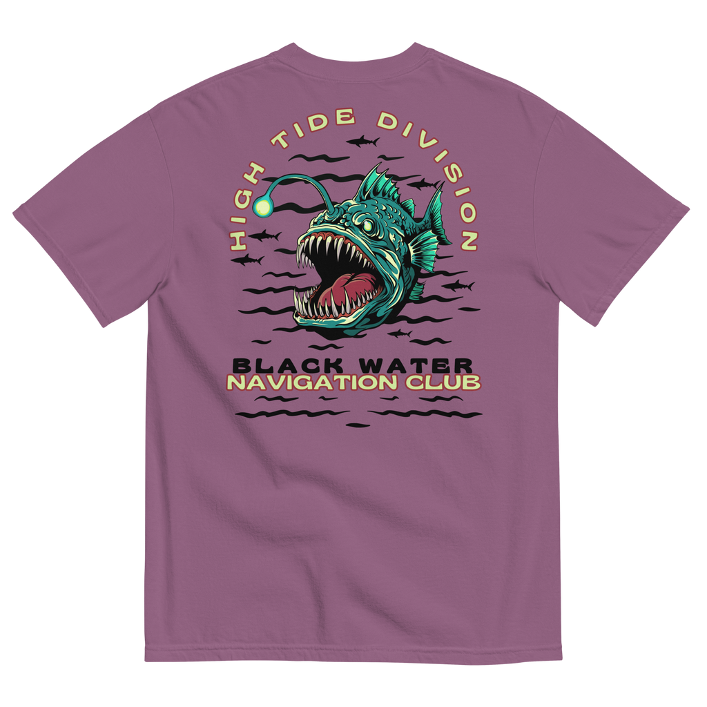 Black Water Navigation Club High Tide Division angler fish graphic t-shirt by Dciple Clothing Co featuring hidden shark silhouettes and a premium Comfort Colors garment-dyed design.