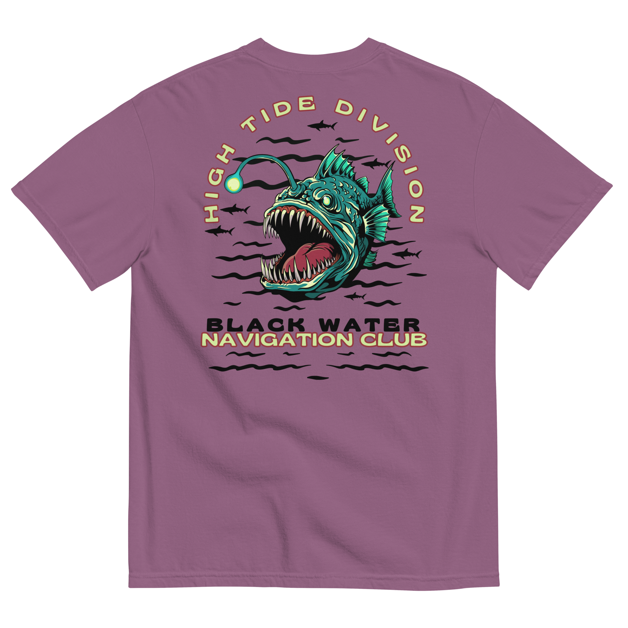 Black Water Navigation Club High Tide Division angler fish graphic t-shirt by Dciple Clothing Co featuring hidden shark silhouettes and a premium Comfort Colors garment-dyed design.