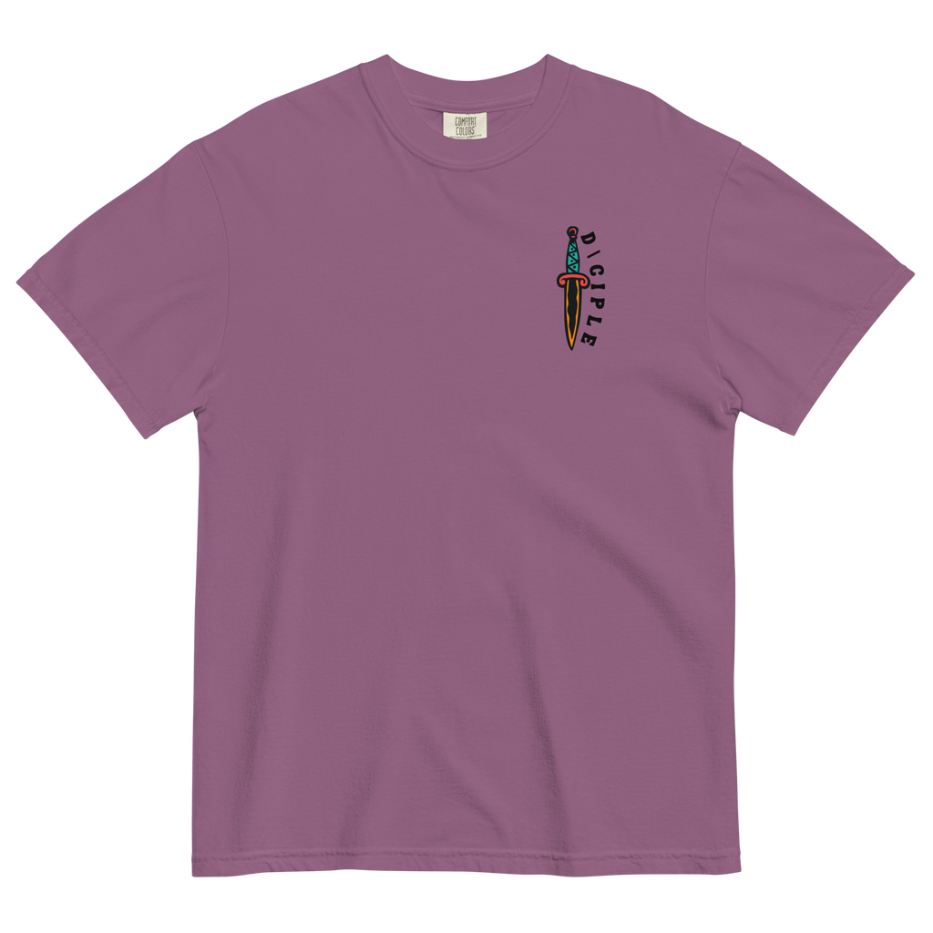Vintage style skull and snake graphic with flames and dagger details, “Through Fear and Flame Unbroken” t-shirt by Dciple Clothing Co