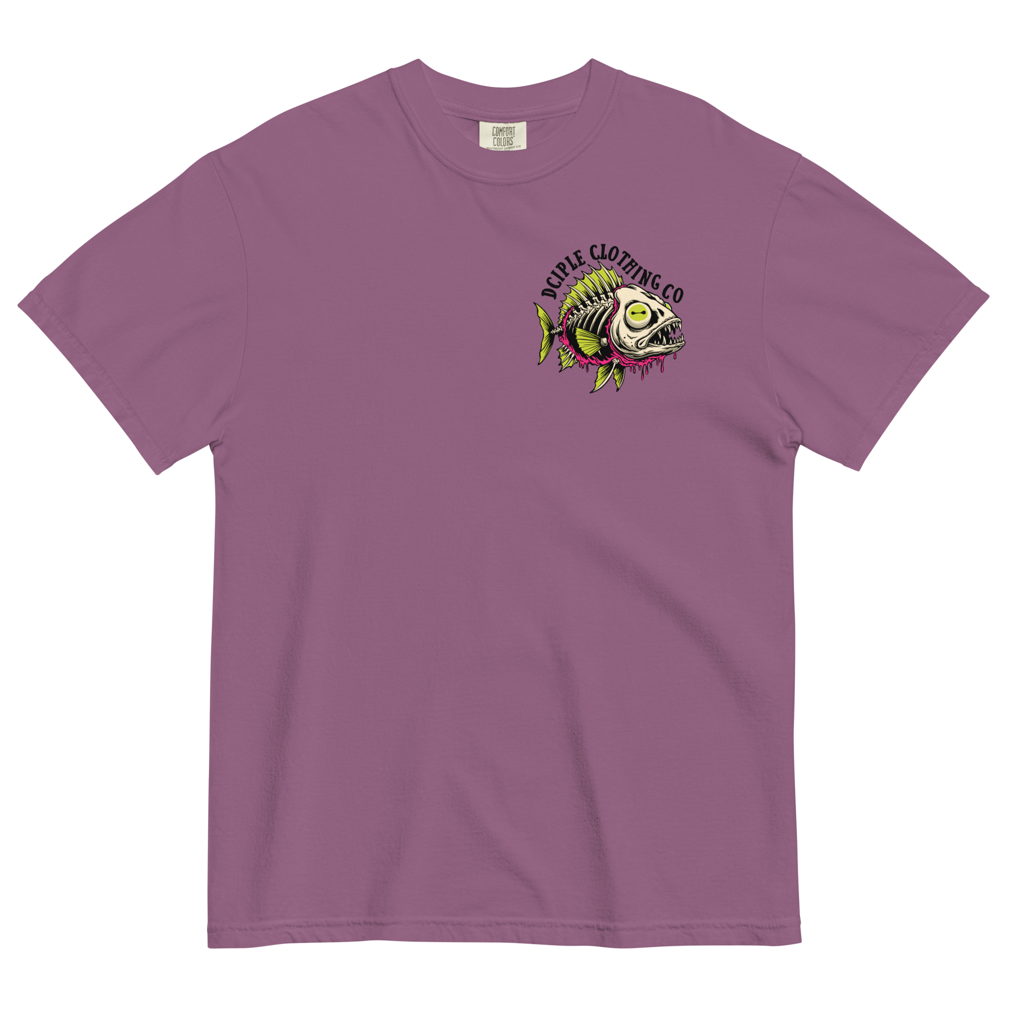 Dead In The Water High Tide Division graphic T-shirt by Dciple Clothing Co featuring skeleton fish artwork and Make It A Destination slogan.