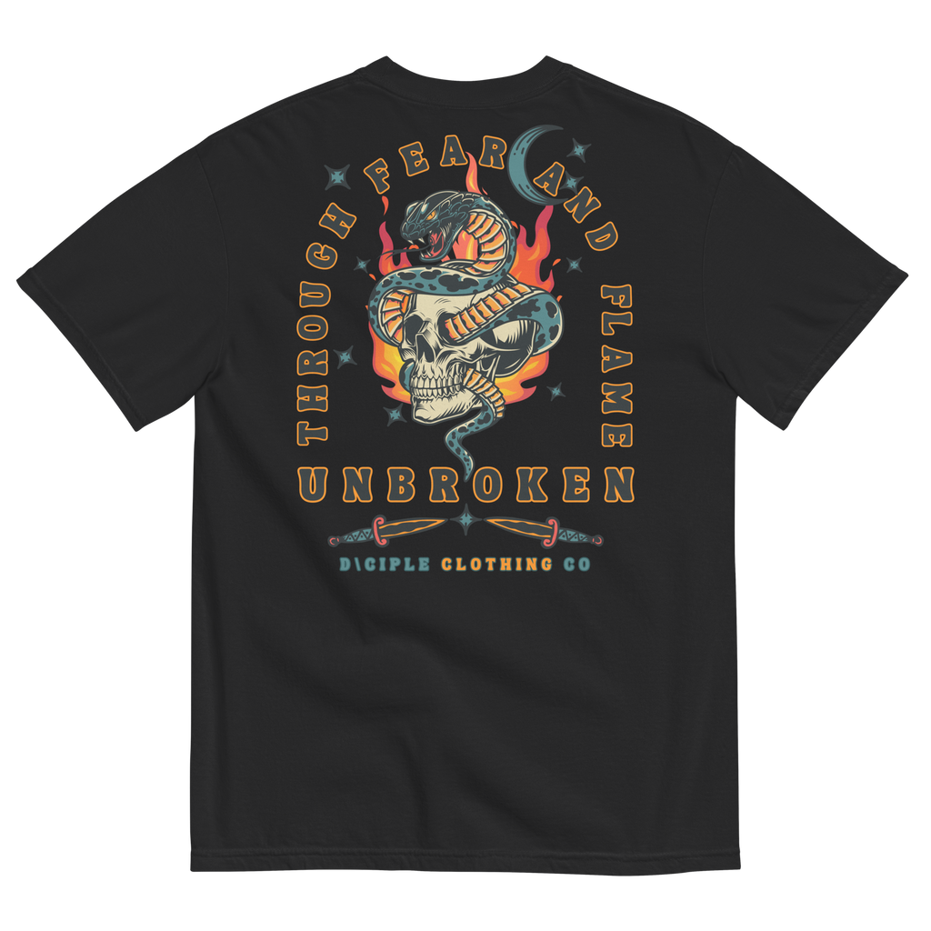 Vintage style skull and snake graphic with flames and dagger details, “Through Fear and Flame Unbroken” t-shirt by Dciple Clothing Co