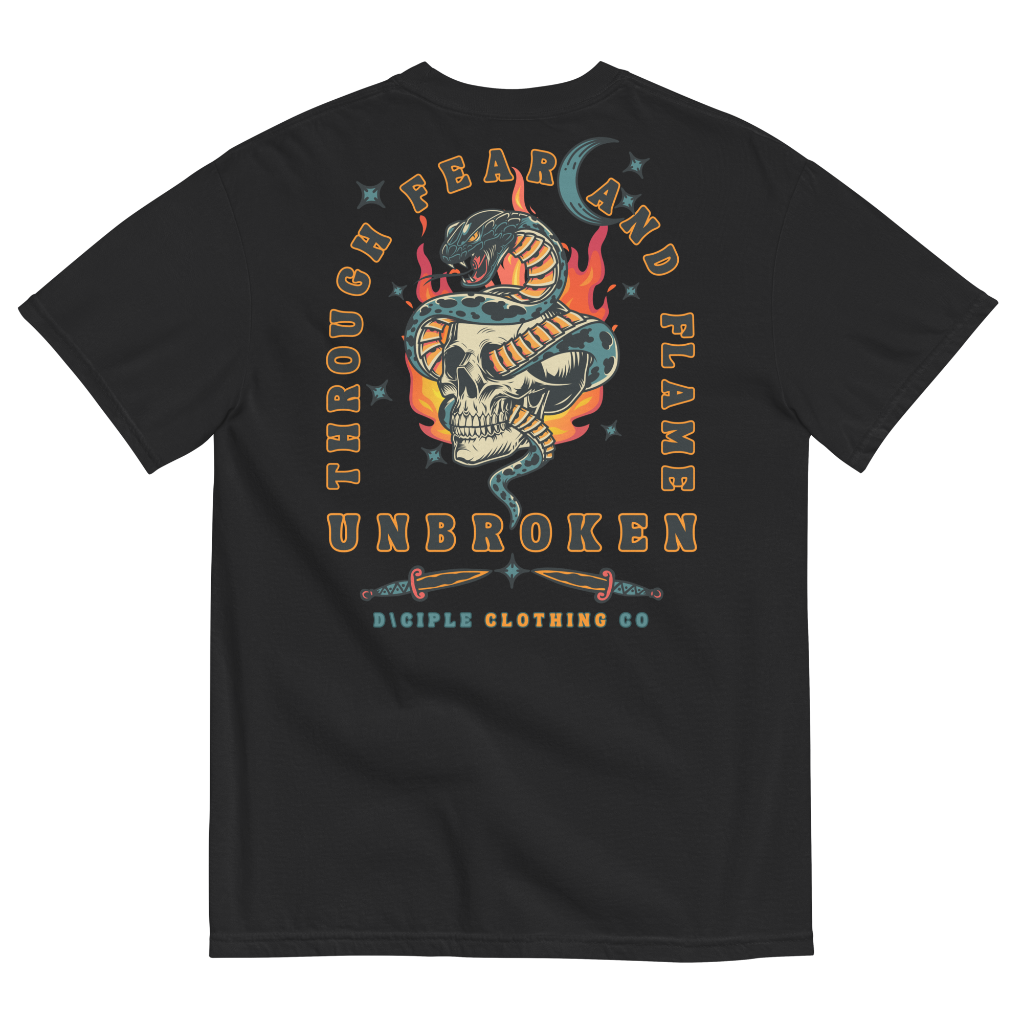 Vintage style skull and snake graphic with flames and dagger details, “Through Fear and Flame Unbroken” t-shirt by Dciple Clothing Co