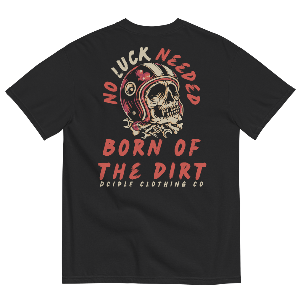 Black Born of the Dirt graphic T-shirt featuring a vintage motocross helmet skull illustration with retro typography on the back