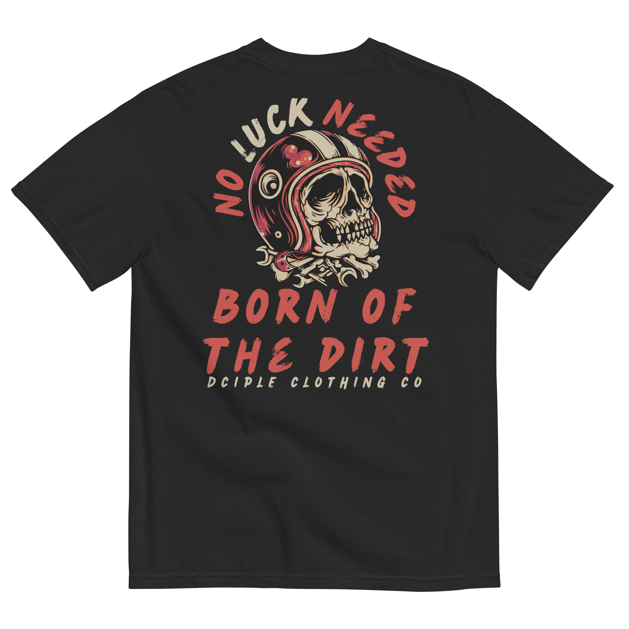 Black Born of the Dirt graphic T-shirt featuring a vintage motocross helmet skull illustration with retro typography on the back