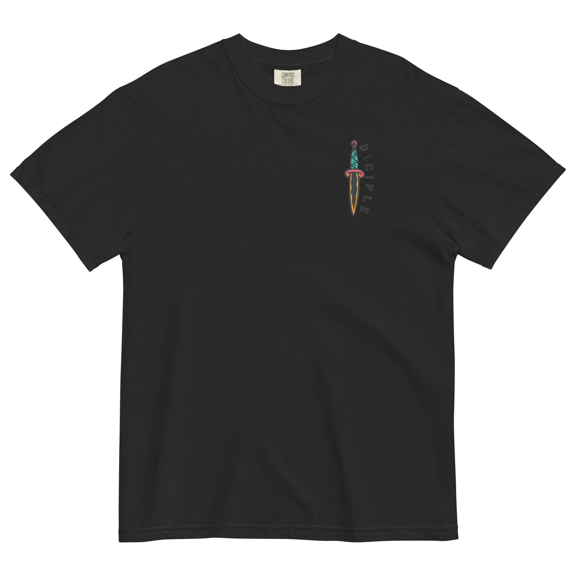 Vintage style skull and snake graphic with flames and dagger details, “Through Fear and Flame Unbroken” t-shirt by Dciple Clothing Co