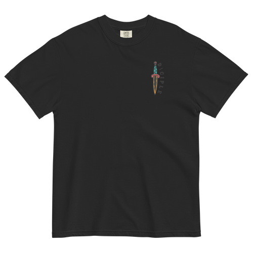 Vintage style skull and snake graphic with flames and dagger details, “Through Fear and Flame Unbroken” t-shirt by Dciple Clothing Co