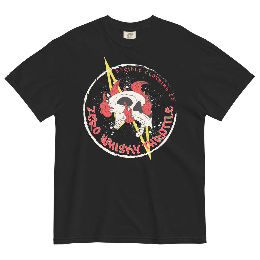 Zero Whisky Throttle T-Shirt by D\CIPLE Clothing Co featuring flaming skull and lightning bolt graphic on black shirt