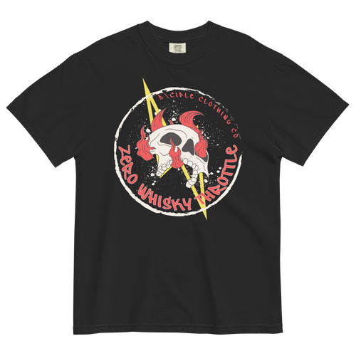 Zero Whisky Throttle T-Shirt by D\CIPLE Clothing Co featuring flaming skull and lightning bolt graphic on black shirt