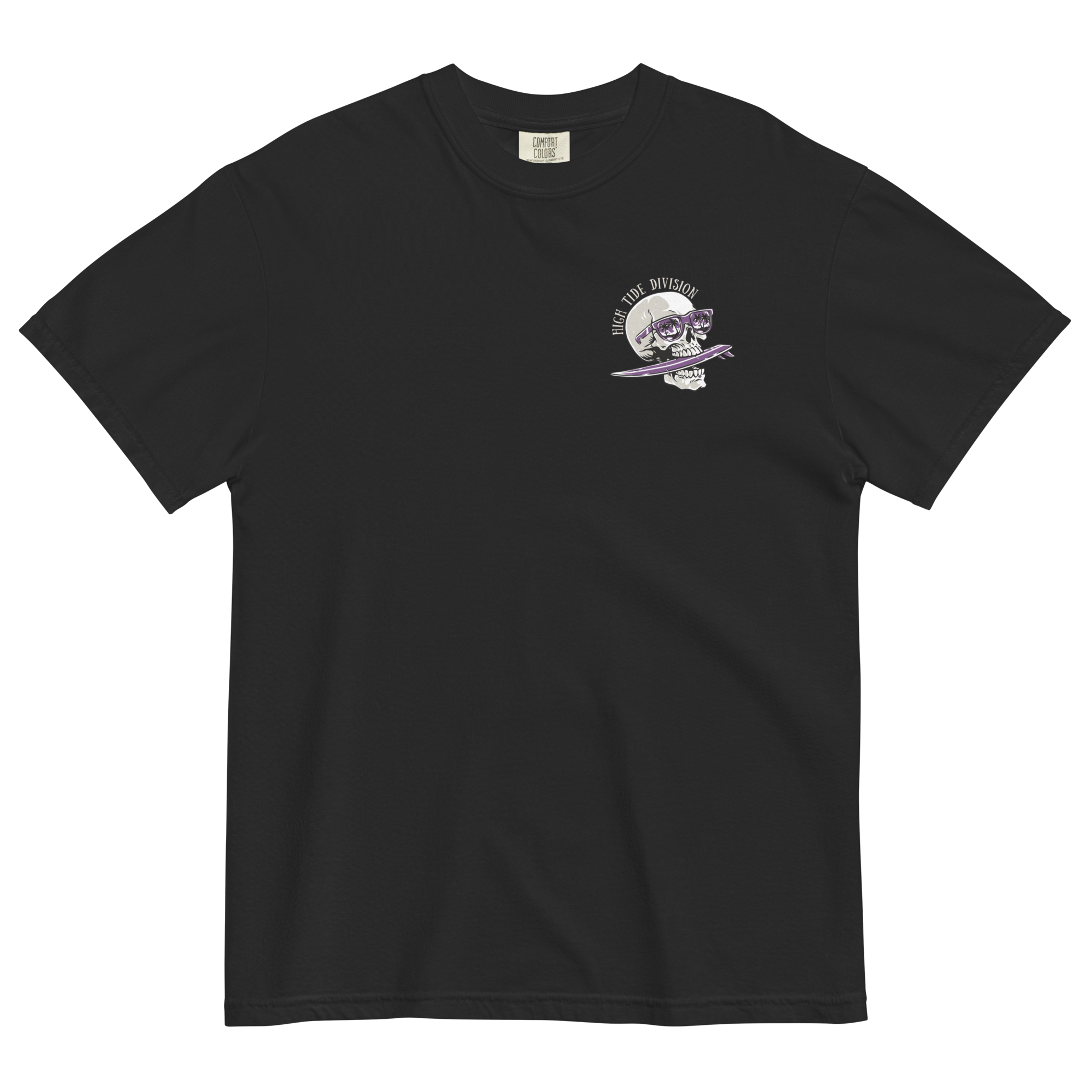 Skull and surfboard high tide division chest logo