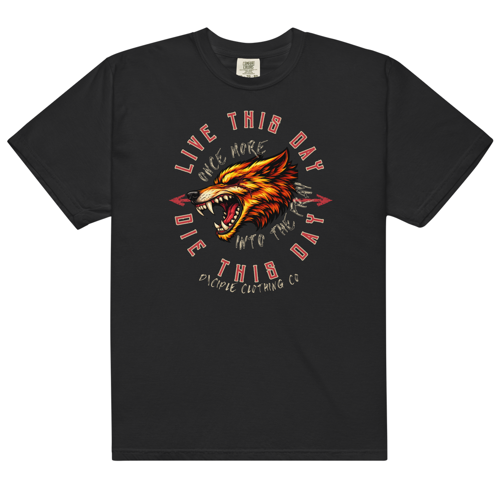 Vintage wolf graphic t-shirt with distressed Live This Day Die This Day typography on black garment dyed tee by Dciple Clothing Co