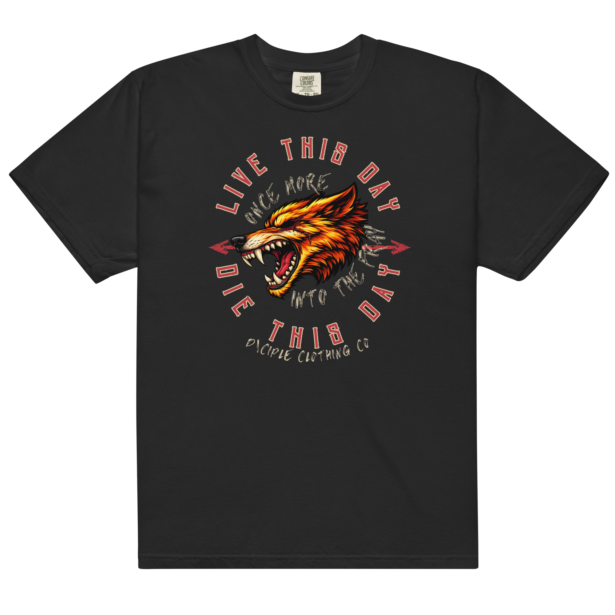 Vintage wolf graphic t-shirt with distressed Live This Day Die This Day typography on black garment dyed tee by Dciple Clothing Co