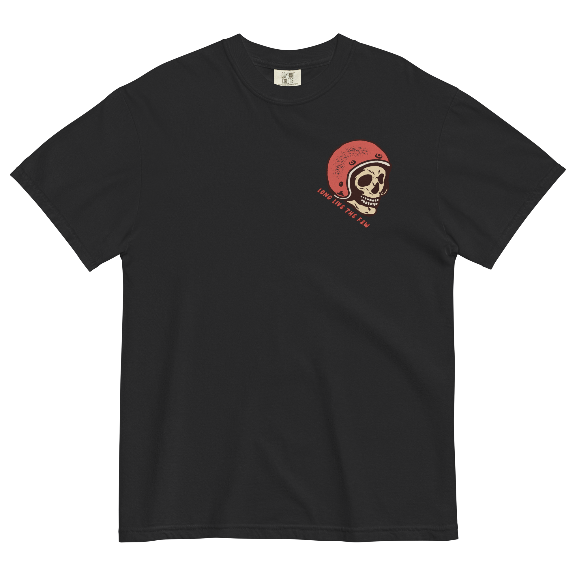 Black Born of the Dirt graphic T-shirt featuring a vintage motocross helmet skull illustration with retro typography on the back