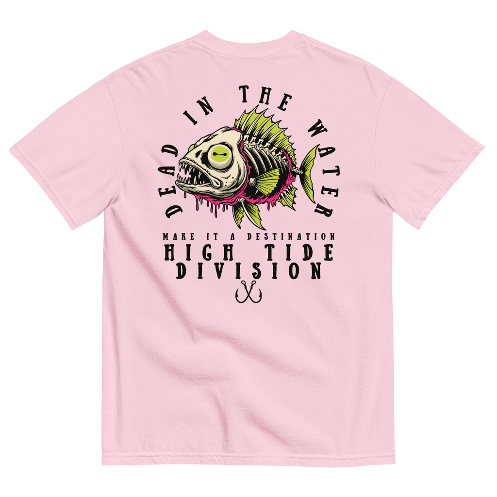 Dead In The Water High Tide Division graphic T-shirt by Dciple Clothing Co featuring skeleton fish artwork and Make It A Destination slogan.