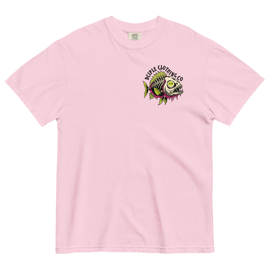 Dead In The Water High Tide Division graphic T-shirt by Dciple Clothing Co featuring skeleton fish artwork and Make It A Destination slogan.