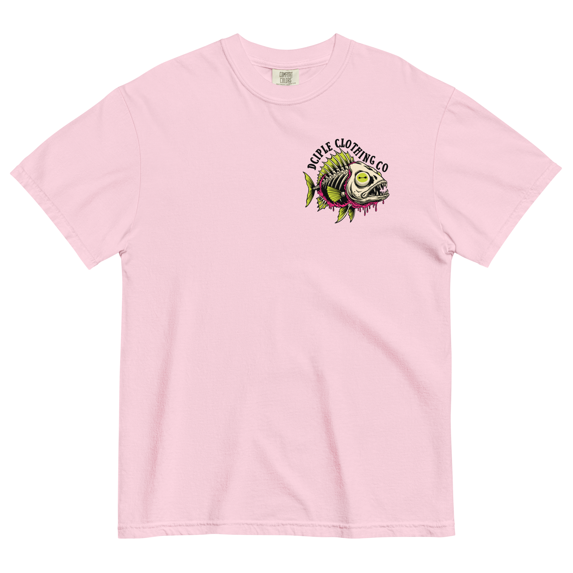 Dead In The Water High Tide Division graphic T-shirt by Dciple Clothing Co featuring skeleton fish artwork and Make It A Destination slogan.