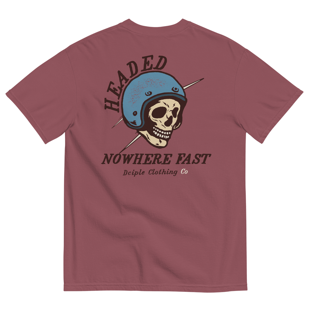 Headed Nowhere Fast vintage motorcycle skull graphic on a Comfort Colors T-shirt by Dciple Clothing Co
