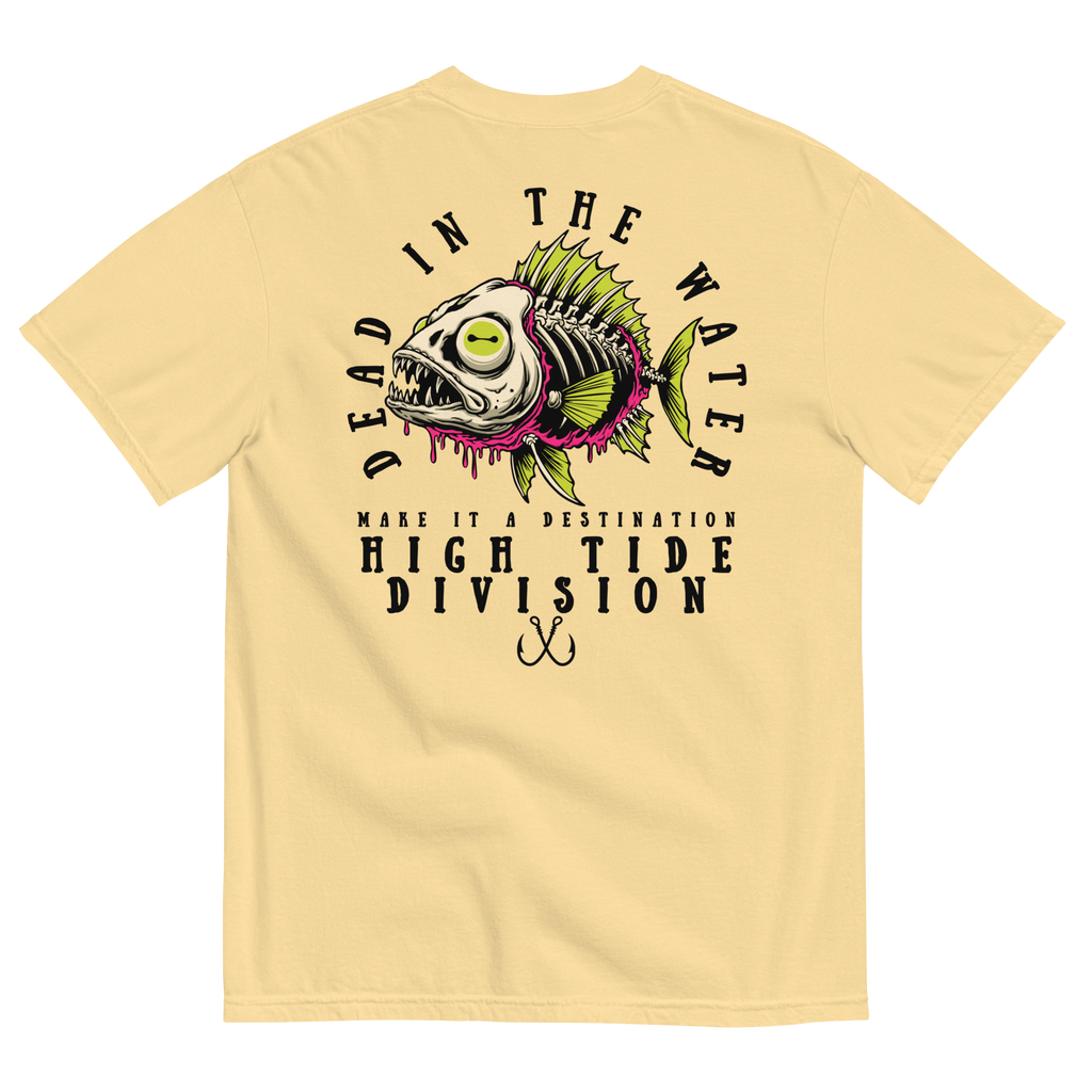 Dead In The Water High Tide Division graphic T-shirt by Dciple Clothing Co featuring skeleton fish artwork and Make It A Destination slogan.