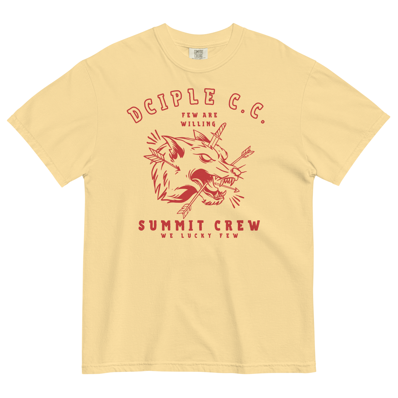 Summit Crew wolf graphic T-Shirt with vintage red print on ivory shirt by Dciple Clothing Co