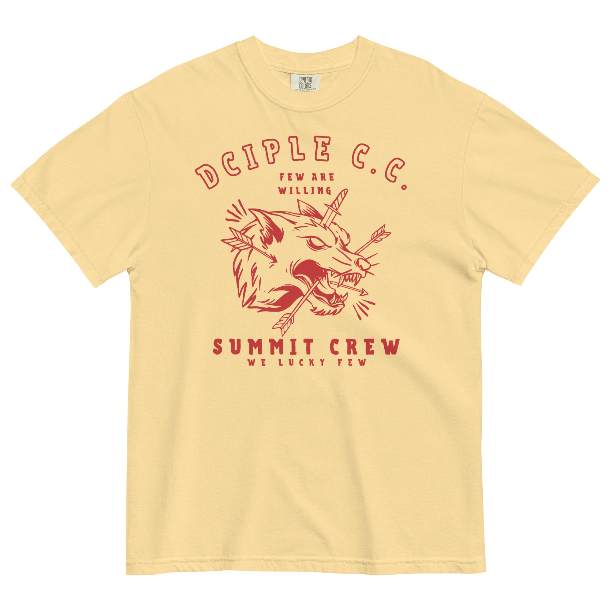 Summit Crew wolf graphic T-Shirt with vintage red print on ivory shirt by Dciple Clothing Co