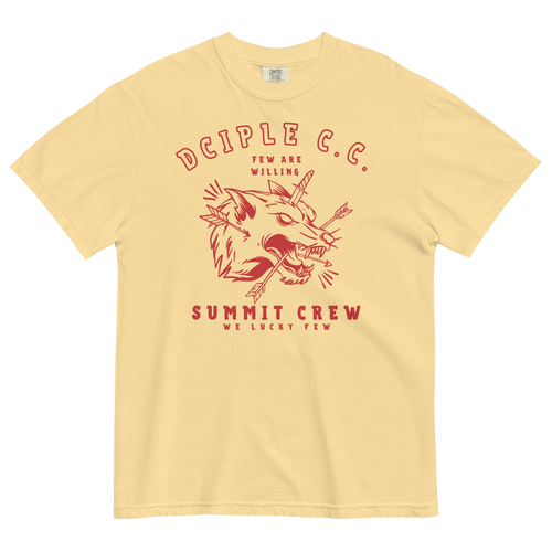 Summit Crew wolf graphic T-Shirt with vintage red print on ivory shirt by Dciple Clothing Co