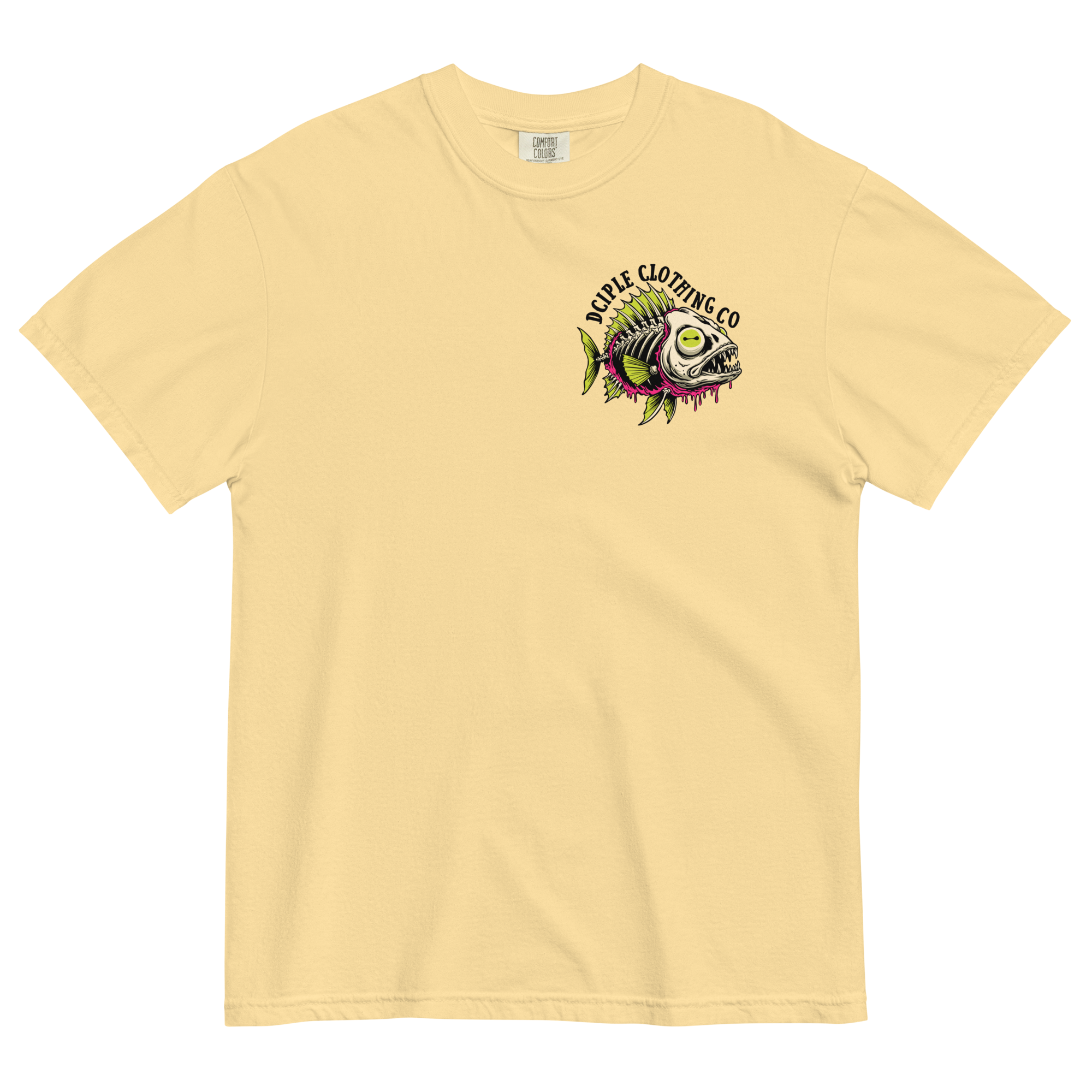 Dead In The Water High Tide Division graphic T-shirt by Dciple Clothing Co featuring skeleton fish artwork and Make It A Destination slogan.