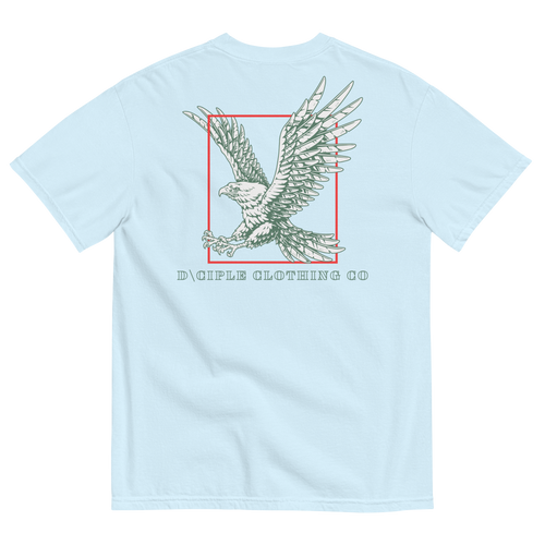 Eagle graphic T-Shirt with vintage bird illustration and red frame design by D\CIPLE Clothing Co on a white shirt