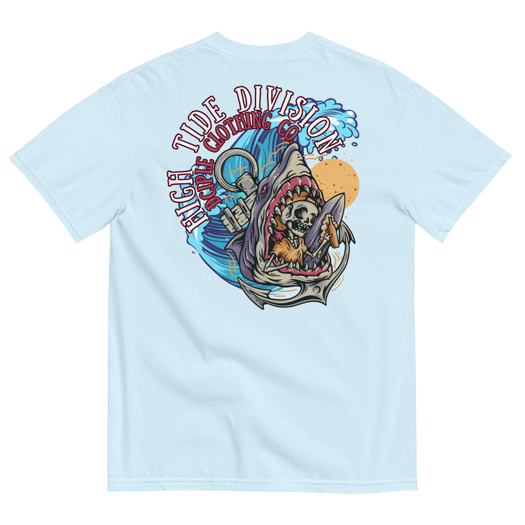 High Tide Division Shark Rider graphic T-shirt with shark, surfer, wave and hook artwork
