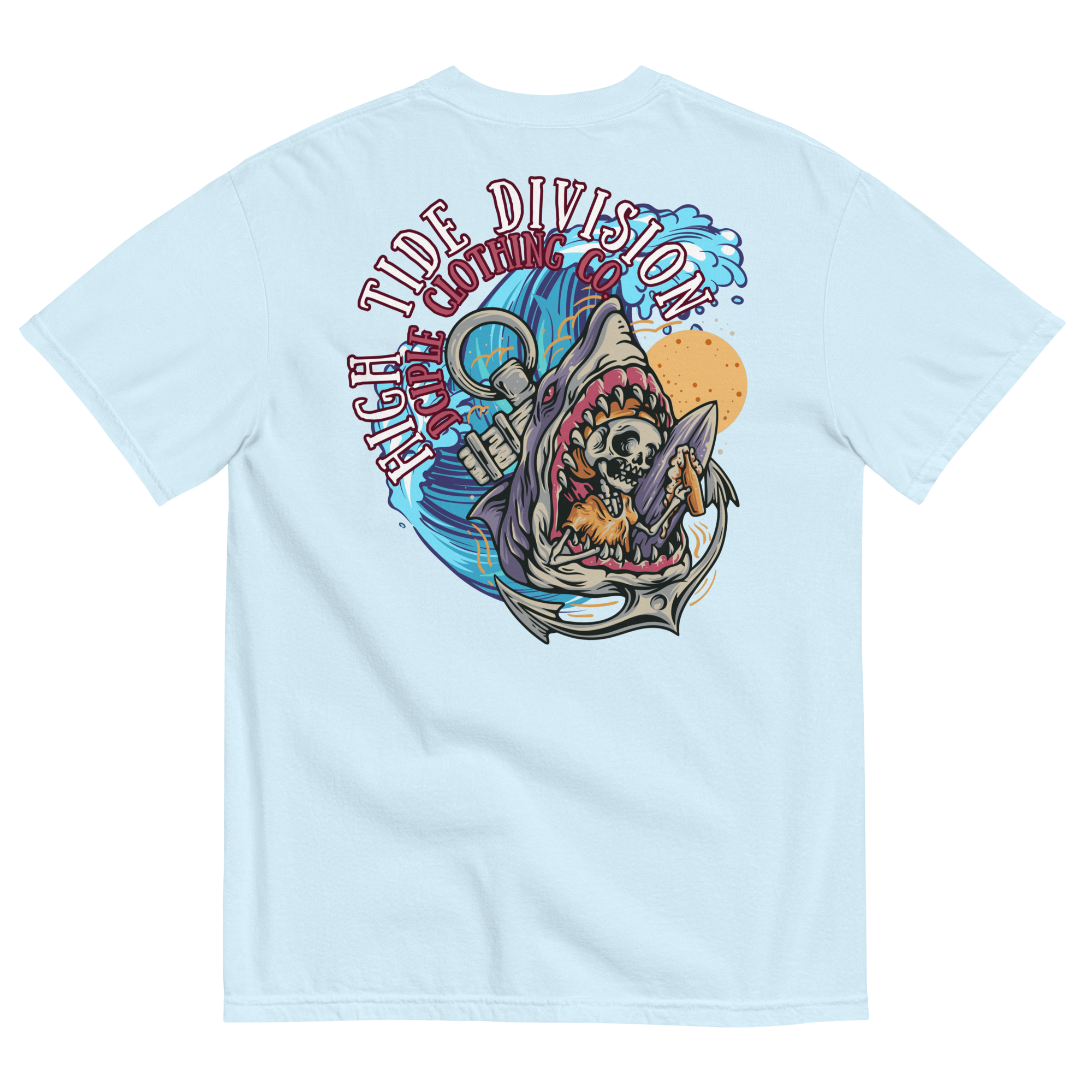 High Tide Division Shark Rider graphic T-shirt with shark, surfer, wave and hook artwork