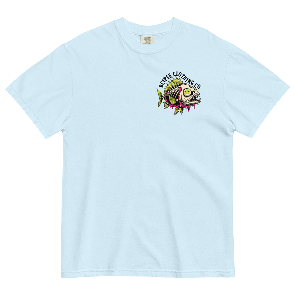 Dead In The Water High Tide Division graphic T-shirt by Dciple Clothing Co featuring skeleton fish artwork and Make It A Destination slogan.