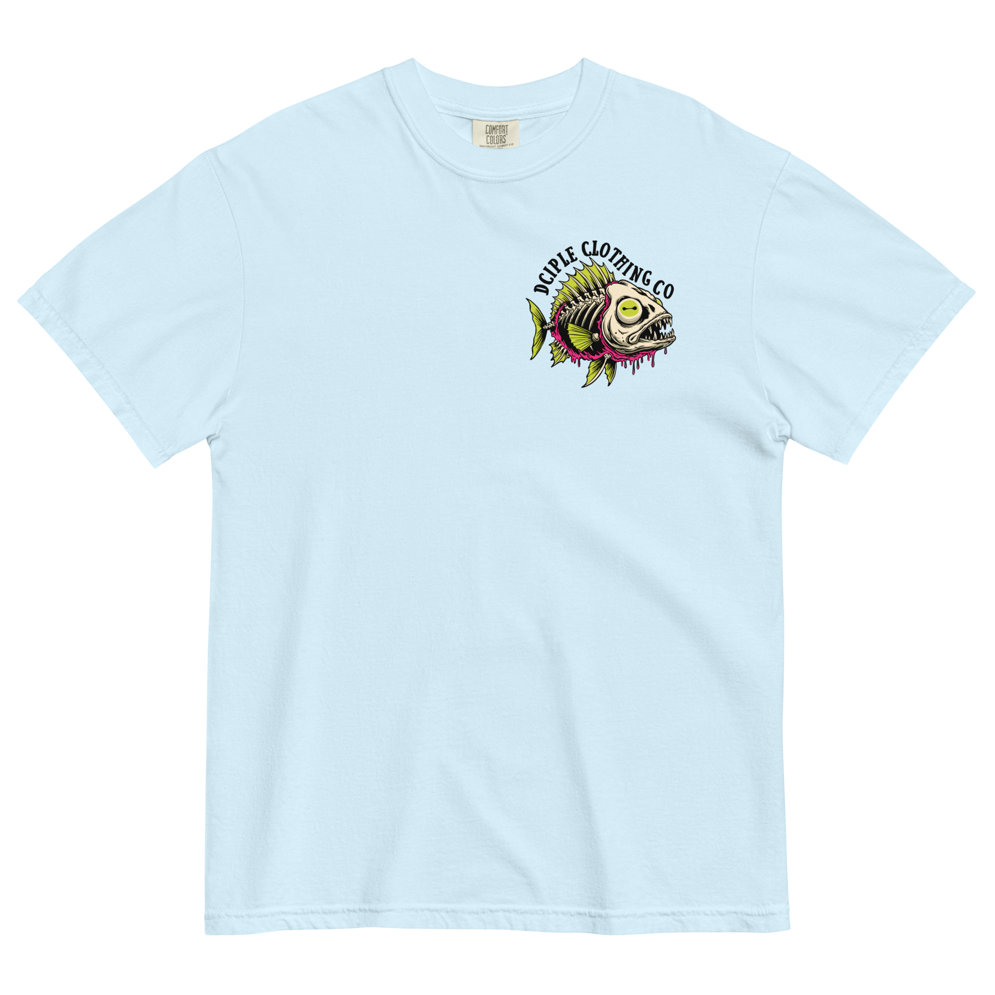 Dead In The Water High Tide Division graphic T-shirt by Dciple Clothing Co featuring skeleton fish artwork and Make It A Destination slogan.