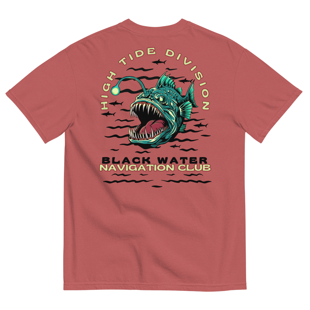 Black Water Navigation Club High Tide Division angler fish graphic t-shirt by Dciple Clothing Co featuring hidden shark silhouettes and a premium Comfort Colors garment-dyed design.
