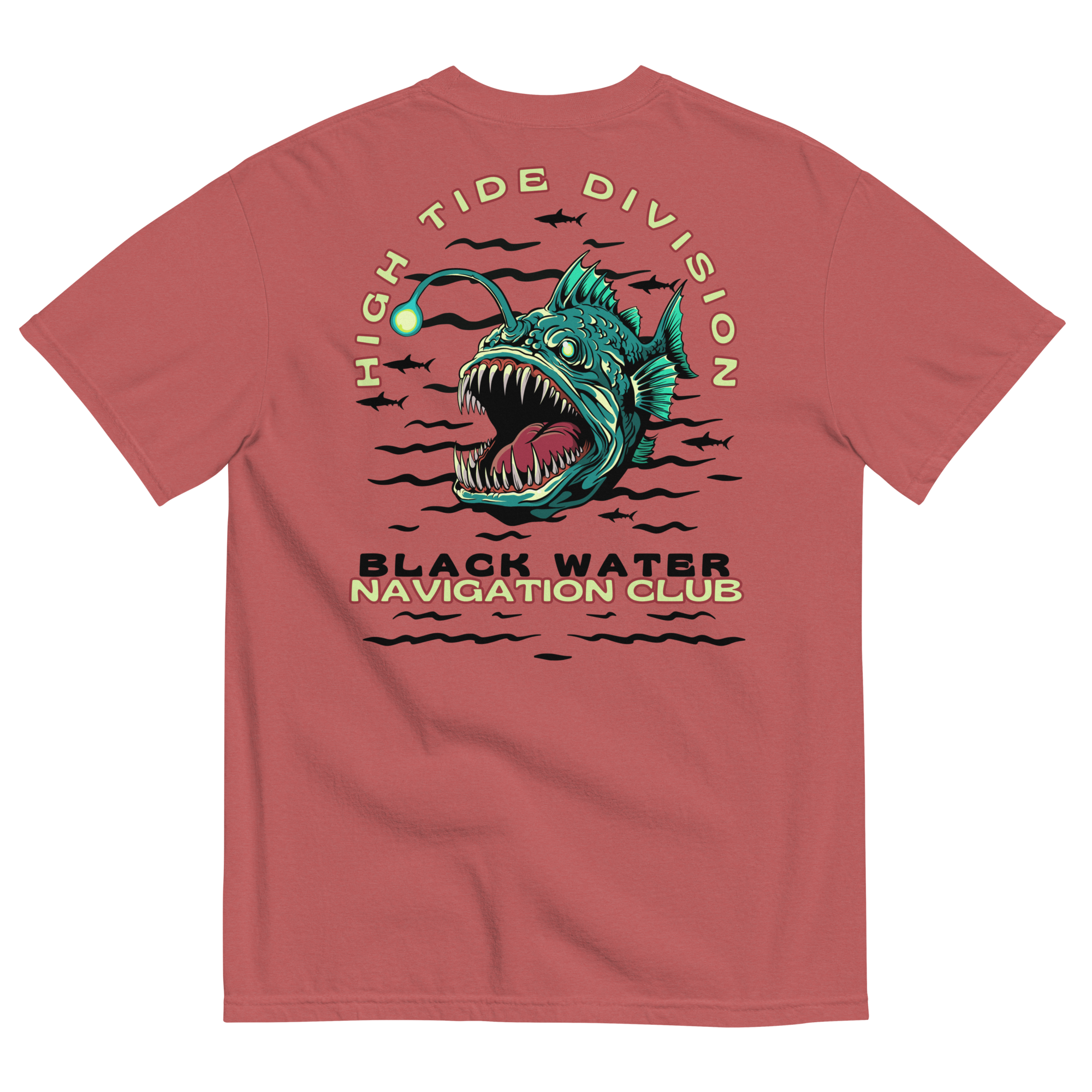 Black Water Navigation Club High Tide Division angler fish graphic t-shirt by Dciple Clothing Co featuring hidden shark silhouettes and a premium Comfort Colors garment-dyed design.