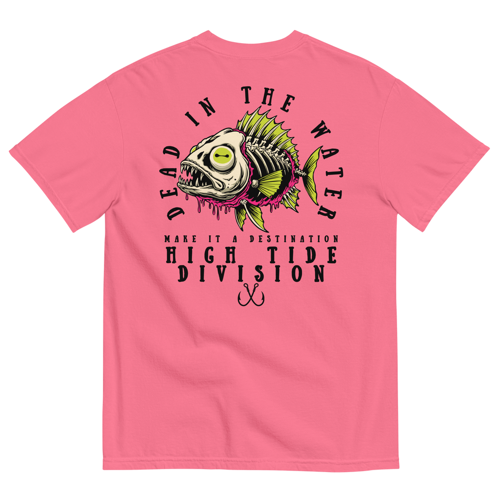 Dead In The Water High Tide Division graphic T-shirt by Dciple Clothing Co featuring skeleton fish artwork and Make It A Destination slogan.