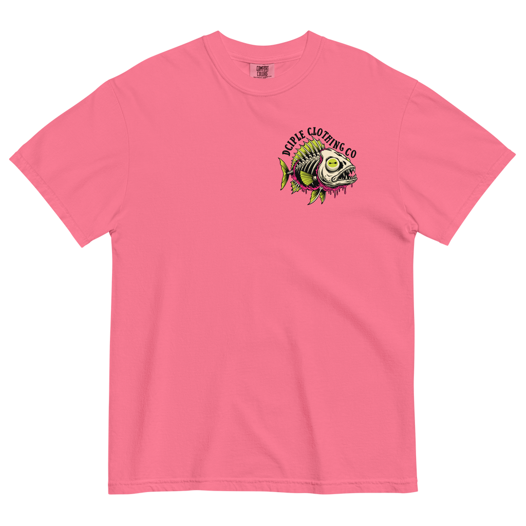 Dead In The Water High Tide Division graphic T-shirt by Dciple Clothing Co featuring skeleton fish artwork and Make It A Destination slogan.