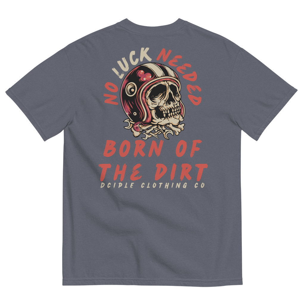 Black Born of the Dirt graphic T-shirt featuring a vintage motocross helmet skull illustration with retro typography on the back