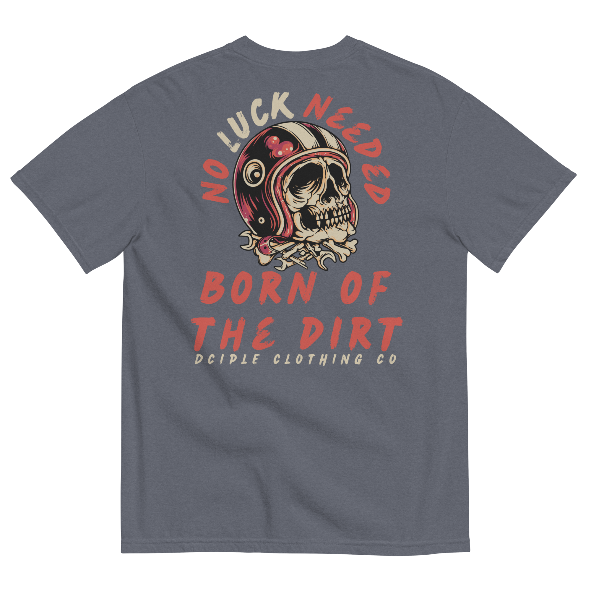 Black Born of the Dirt graphic T-shirt featuring a vintage motocross helmet skull illustration with retro typography on the back