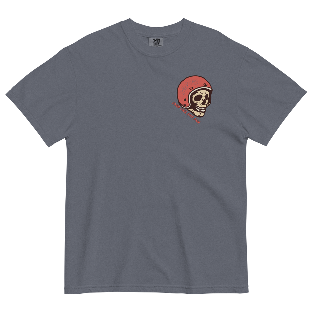 Black Born of the Dirt graphic T-shirt featuring a vintage motocross helmet skull illustration with retro typography on the back