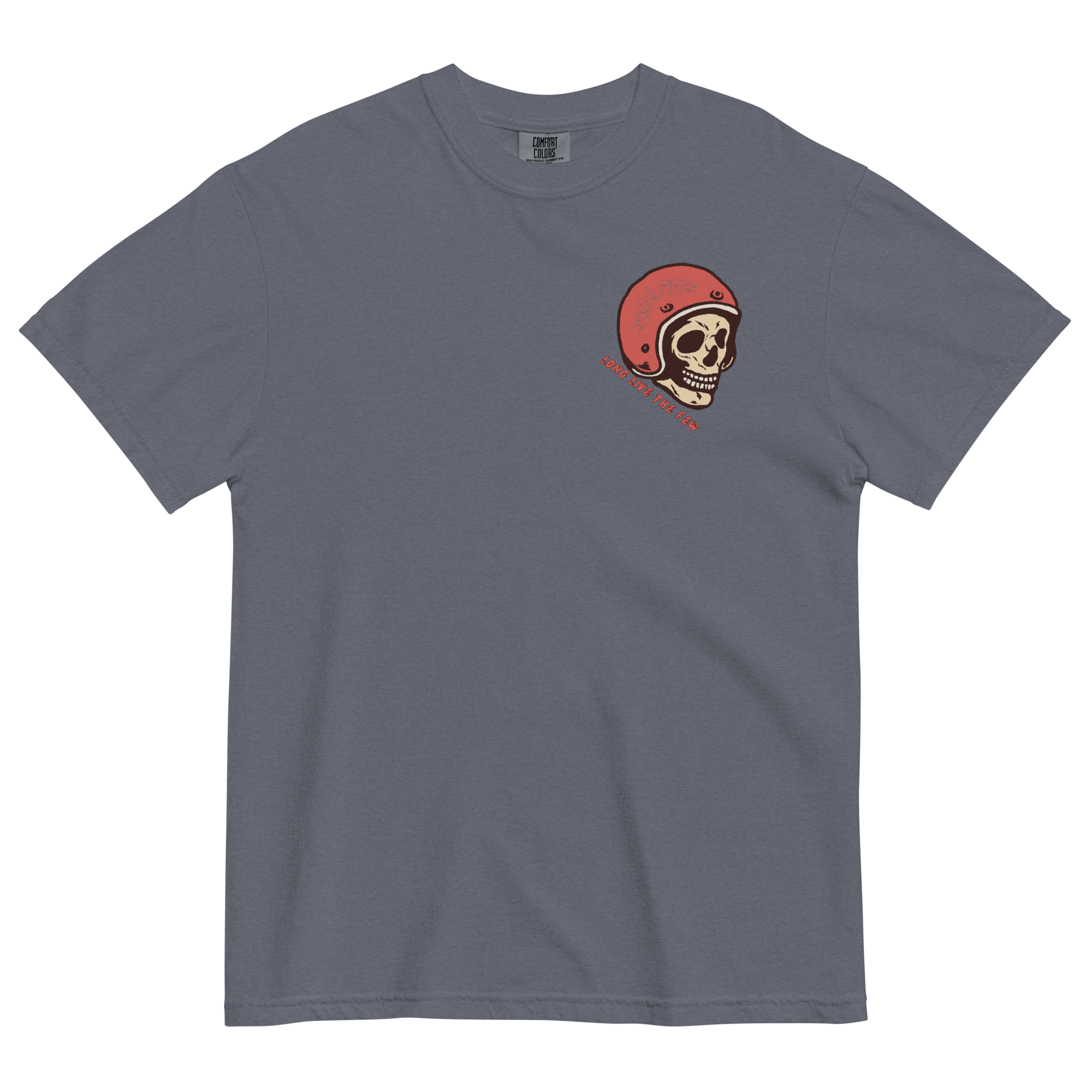 Black Born of the Dirt graphic T-shirt featuring a vintage motocross helmet skull illustration with retro typography on the back