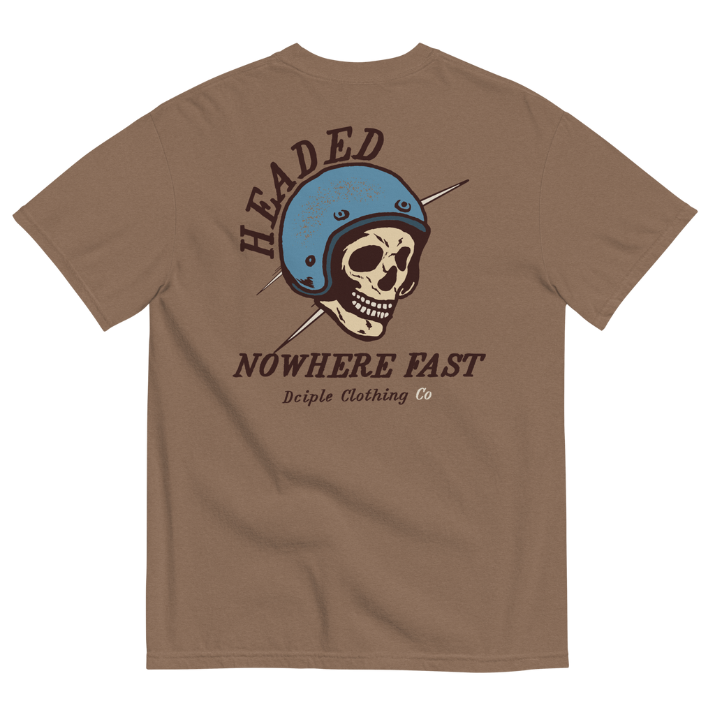 Headed Nowhere Fast vintage motorcycle skull graphic on a Comfort Colors T-shirt by Dciple Clothing Co