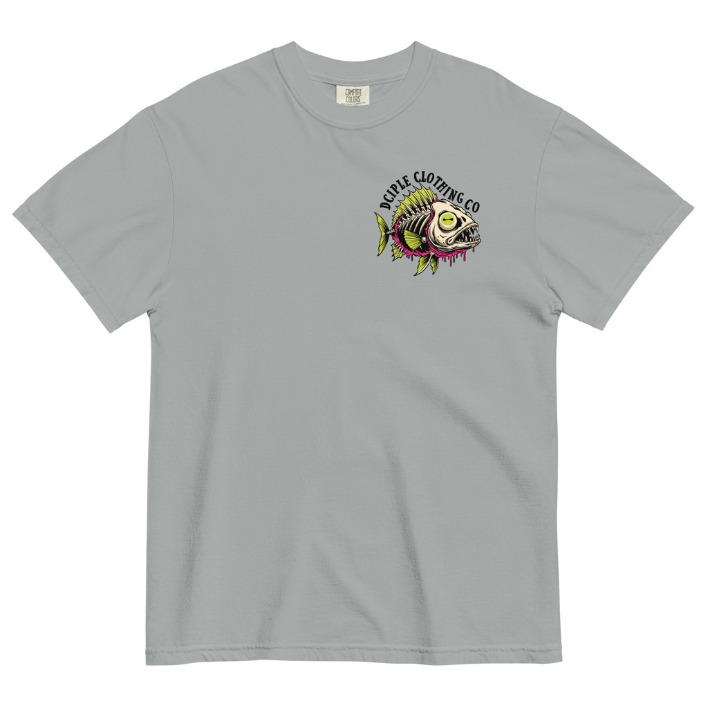 Dead In The Water High Tide Division graphic T-shirt by Dciple Clothing Co featuring skeleton fish artwork and Make It A Destination slogan.