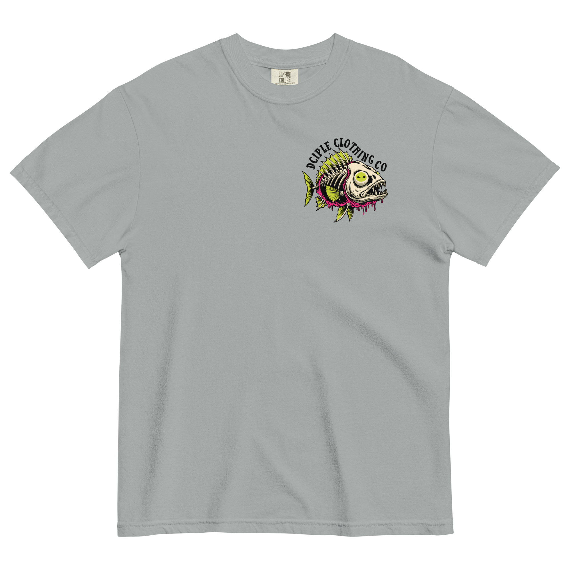 Dead In The Water High Tide Division graphic T-shirt by Dciple Clothing Co featuring skeleton fish artwork and Make It A Destination slogan.